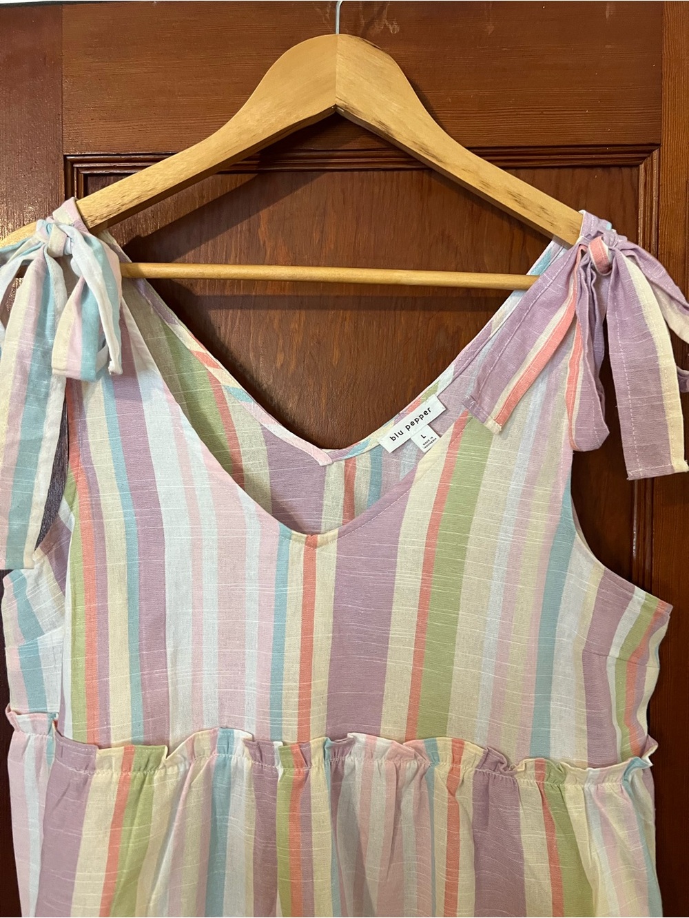 Blu Pepper Pastel Stripe Tie Shoulder Babydoll Boho Top Size Large - Picture 5 of 7